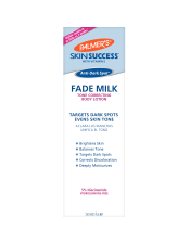 Benefits:

Targets dark spots, age spots, uneven skin tone; Balances uneven skin tone and discoloration
Helps improve skin suppleness and elasticity
Minimizes the appearance of fine lines and wrinkles
Brighter, more radiant skin
Formulated for all over body; perfect for arms, legs, knees, elbows and decolletage
Visible results in as little as 2 weeks
Free of Hydroquinone, Parabens, Phthalates, Sulfates, MI and Dyes
Not tested on animals

 




Results


% of women who saw an improvement**




Balanced Skin Tone


100%




Visibly Improved Discoloration, Uneven Tone


100%




Enhanced Glow & Radiance


100%




Helped Lighten Acne Scars & Dark Spots


96%




Reduced Blotchiness


94%




Improved Clarity


96%




Youthful, Healthier Looking Skin


98%




 
 
Palmer's Skin Success Fade Milk gives you a flawlessly radiant body by effectively correcting discoloration on pigment-prone areas of the body such as arms, legs, knees, elbows and decolletage.
 
*May take up to 6 weeks
** based on a 100 person independent clinical study after 8 weeks